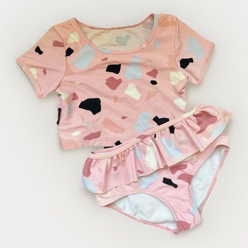 Tiny Tribe Sz 24m 2T 92cm Pink Terrazzo 2 Piece Rashguard Swim Suit Set